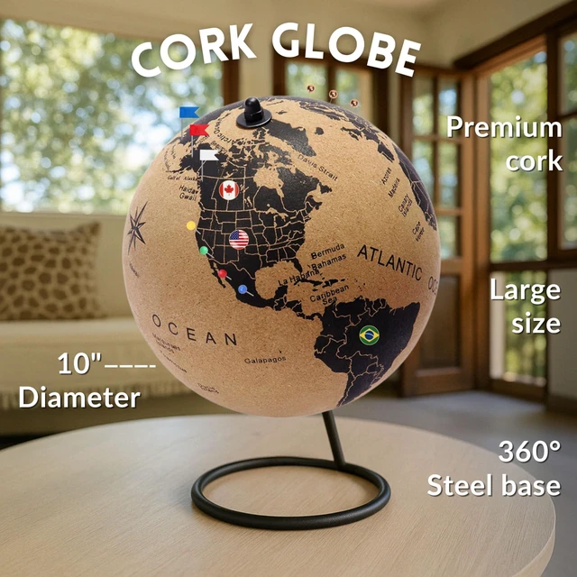 Alt view image 2 of 5 - Large Cork Globe with 300 Push Pins 12.6" Tall | World Travel Map with Metallic, Colored & National Flags Push Pins | 3D World Map Pin Board for Home or Office | Gift for Travelers, Couples & Families