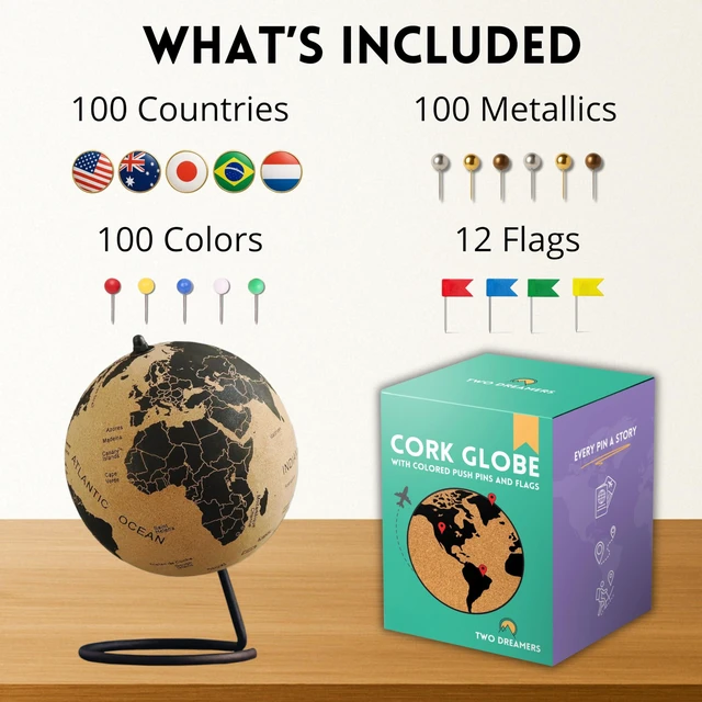 Alt view image 3 of 5 - Large Cork Globe with 300 Push Pins 12.6" Tall | World Travel Map with Metallic, Colored & National Flags Push Pins | 3D World Map Pin Board for Home or Office | Gift for Travelers, Couples & Families
