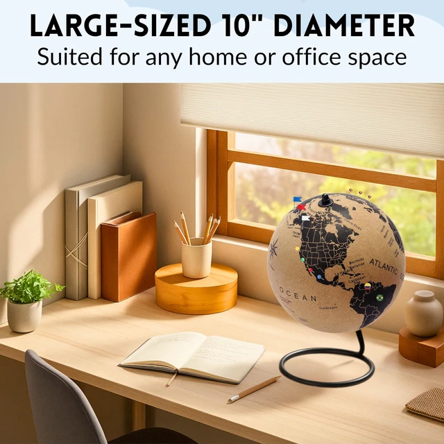 Alt view image 5 of 5 - Large Cork Globe with 300 Push Pins 12.6" Tall | World Travel Map with Metallic, Colored & National Flags Push Pins | 3D World Map Pin Board for Home or Office | Gift for Travelers, Couples & Families