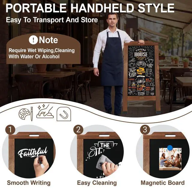 Alt view image 3 of 6 - Magnetic Portable A-Frame Chalkboard Signs, 40" x 20" Large Wood Sandwich Board Signs Outdoor, Double-Sided Sidewalk Standing Chalk Board for Business, Wedding, Vendor Display, Coffee Shope - Brown