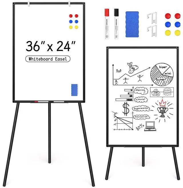 Main image of Magnetic Whiteboard Easel Stand, Dry Erase 36 x 24 White Board with Height Adjustable Tripod Stand, 3' x 2' Flipchart Easel Stand Presentation Board with Black Frame, 6 Magnets, 1 Eraser, 2 Pens