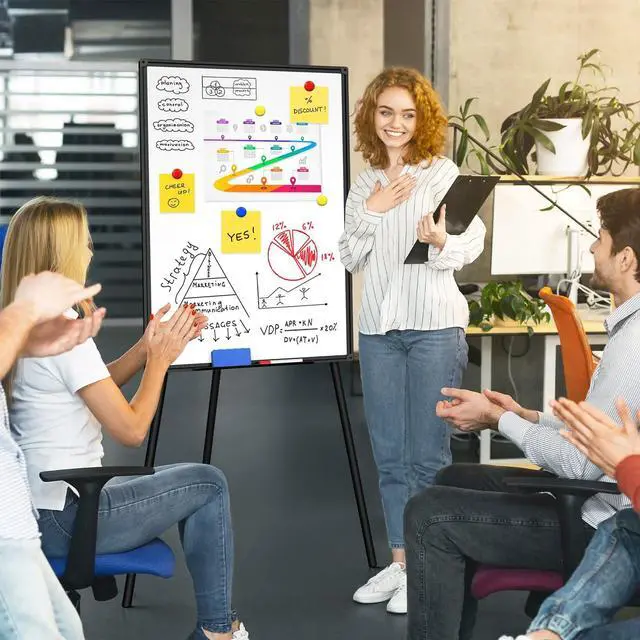 Alt view image 2 of 6 - Magnetic Whiteboard Easel Stand, Dry Erase 36 x 24 White Board with Height Adjustable Tripod Stand, 3' x 2' Flipchart Easel Stand Presentation Board with Black Frame, 6 Magnets, 1 Eraser, 2 Pens