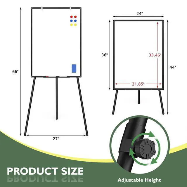 Alt view image 3 of 6 - Magnetic Whiteboard Easel Stand, Dry Erase 36 x 24 White Board with Height Adjustable Tripod Stand, 3' x 2' Flipchart Easel Stand Presentation Board with Black Frame, 6 Magnets, 1 Eraser, 2 Pens