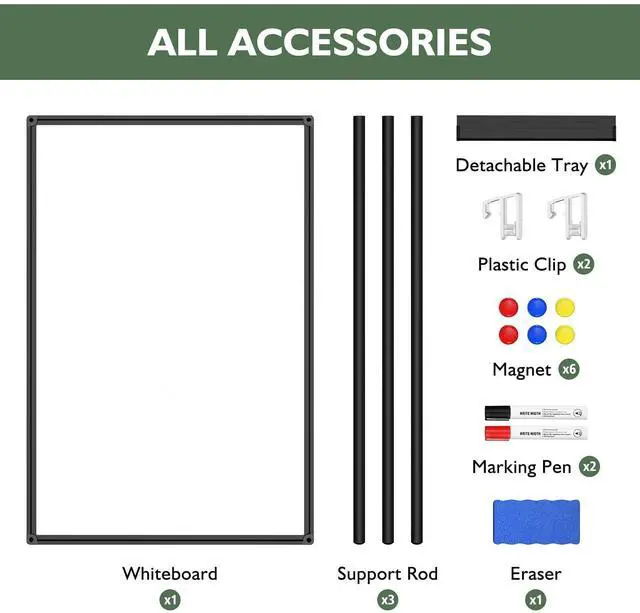 Alt view image 6 of 6 - Magnetic Whiteboard Easel Stand, Dry Erase 36 x 24 White Board with Height Adjustable Tripod Stand, 3' x 2' Flipchart Easel Stand Presentation Board with Black Frame, 6 Magnets, 1 Eraser, 2 Pens
