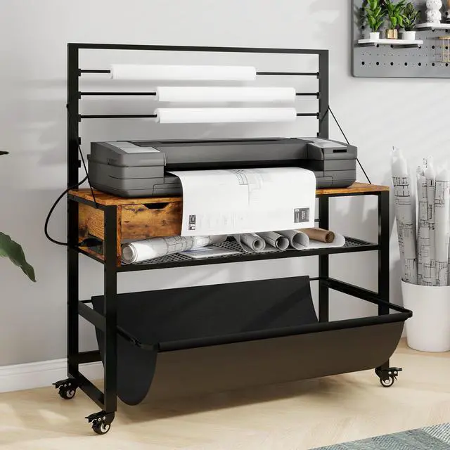 Main image of Wide Format Printer Stand, Plotter Workbench Table,Retro | With Pull-out Drafting Collection,Roll Paper Holder,Accessory Drawer,Adjustable Storage Shelf for Plotters & Cutting Machines