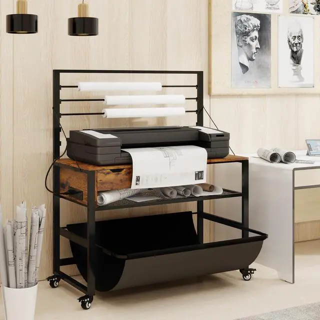 Alt view image 2 of 6 - Wide Format Printer Stand, Plotter Workbench Table,Retro | With Pull-out Drafting Collection,Roll Paper Holder,Accessory Drawer,Adjustable Storage Shelf for Plotters & Cutting Machines
