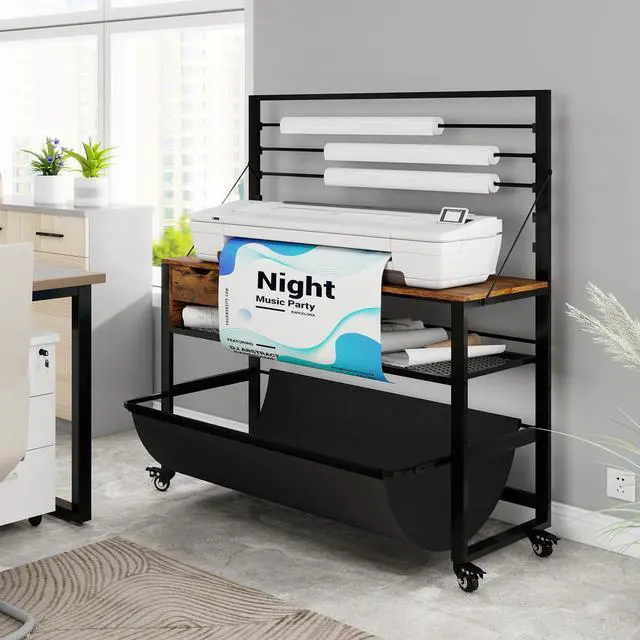 Alt view image 3 of 6 - Wide Format Printer Stand, Plotter Workbench Table,Retro | With Pull-out Drafting Collection,Roll Paper Holder,Accessory Drawer,Adjustable Storage Shelf for Plotters & Cutting Machines
