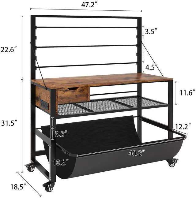 Alt view image 4 of 6 - Wide Format Printer Stand, Plotter Workbench Table,Retro | With Pull-out Drafting Collection,Roll Paper Holder,Accessory Drawer,Adjustable Storage Shelf for Plotters & Cutting Machines