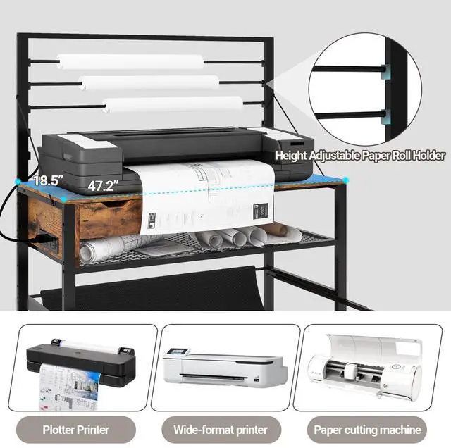 Alt view image 5 of 6 - Wide Format Printer Stand, Plotter Workbench Table,Retro | With Pull-out Drafting Collection,Roll Paper Holder,Accessory Drawer,Adjustable Storage Shelf for Plotters & Cutting Machines