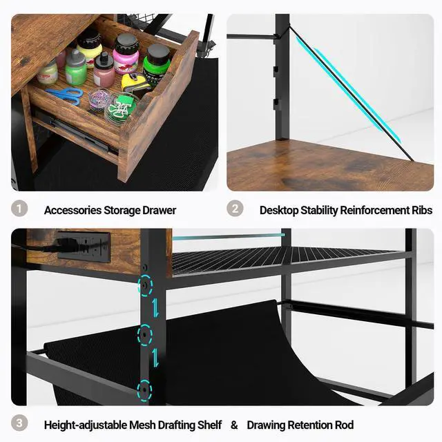 Alt view image 6 of 6 - Wide Format Printer Stand, Plotter Workbench Table,Retro | With Pull-out Drafting Collection,Roll Paper Holder,Accessory Drawer,Adjustable Storage Shelf for Plotters & Cutting Machines
