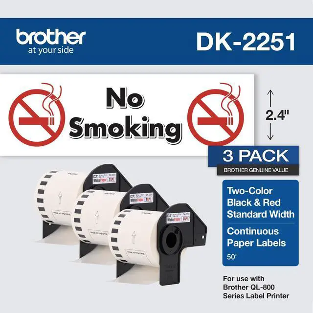 Alt view image 2 of 6 - Genuine DK-22513PK Continuous Length Replacement Labels, Black/Red Label on White Paper Tape, Engineered with Excellence, 2.4 x 50 feet, (3) Rolls per Box (DK22513PK)