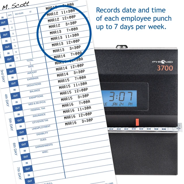 Alt view image 6 of 6 - 30% Recycled Time Cards (35100-10MB) for Pyramid Models 3500, 3500SS, 3600SS, and 3700 Time Clock and Document Stamp, Single Sided Time Sheets (4 X 9 In) - 1000 Time Cards | For Pyramid Models 3500, 3
