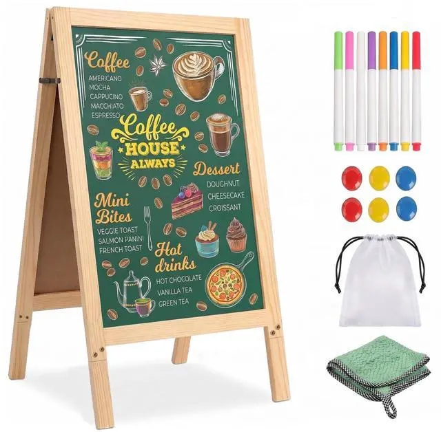 Main image of Double-Sided A-Frame Chalkboard Sign 40x20, Magnetic Sidewalk Sign with Solid Pine Wood Frame, Large Chalkboard Easel Menu Board for Restaurants, Cafes, Weddings & Outdoor Display with Accessories
