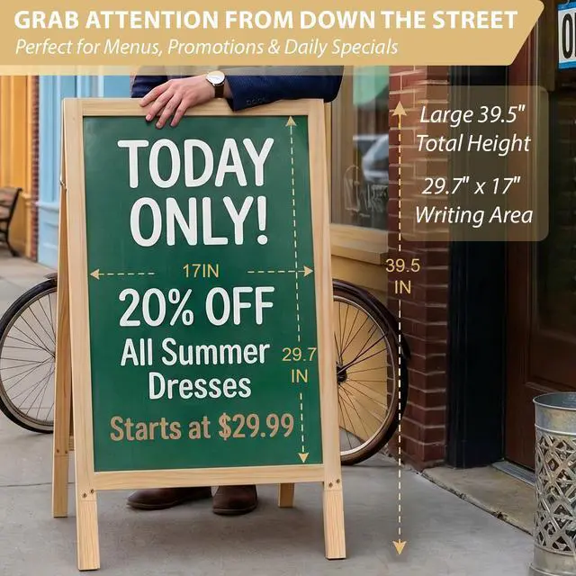Alt view image 3 of 6 - Double-Sided A-Frame Chalkboard Sign 40x20, Magnetic Sidewalk Sign with Solid Pine Wood Frame, Large Chalkboard Easel Menu Board for Restaurants, Cafes, Weddings & Outdoor Display with Accessories