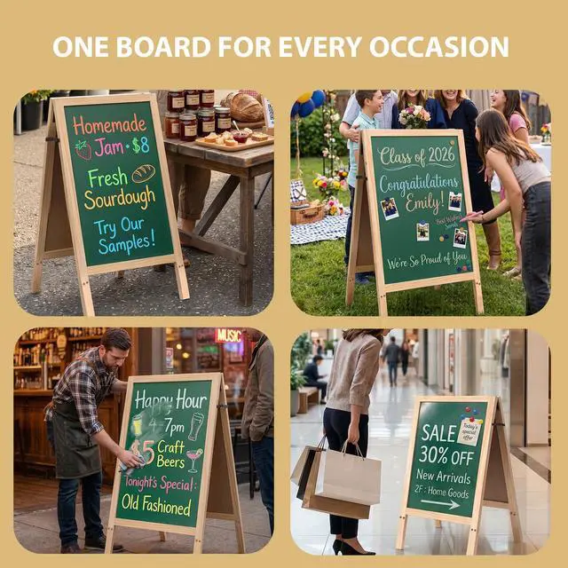 Alt view image 6 of 6 - Double-Sided A-Frame Chalkboard Sign 40x20, Magnetic Sidewalk Sign with Solid Pine Wood Frame, Large Chalkboard Easel Menu Board for Restaurants, Cafes, Weddings & Outdoor Display with Accessories