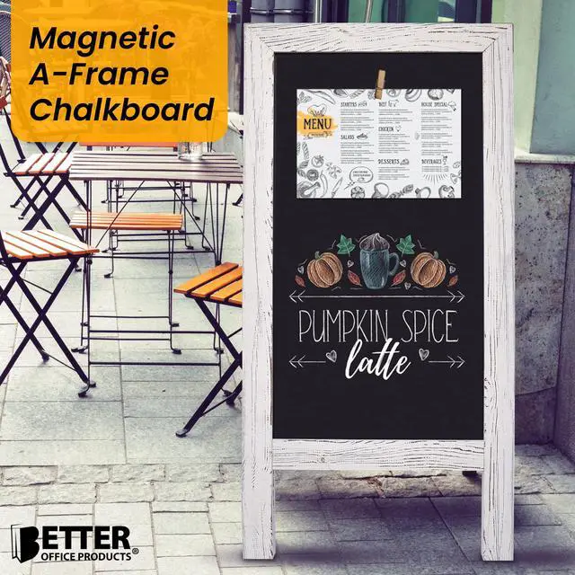 Alt view image 2 of 6 - Magnetic A-Frame Chalkboard Sign, Extra Large 20" x 40", Standing Chalkboard Easel, with Chalk Marker + Chalk & Eraser, Sandwich Board Outdoor Sidewalk Sign,(Whitewash)