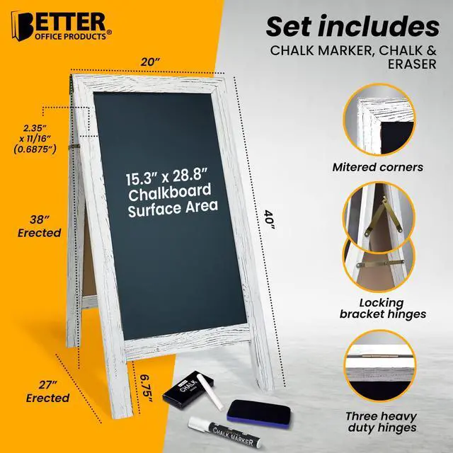Alt view image 3 of 6 - Magnetic A-Frame Chalkboard Sign, Extra Large 20" x 40", Standing Chalkboard Easel, with Chalk Marker + Chalk & Eraser, Sandwich Board Outdoor Sidewalk Sign,(Whitewash)
