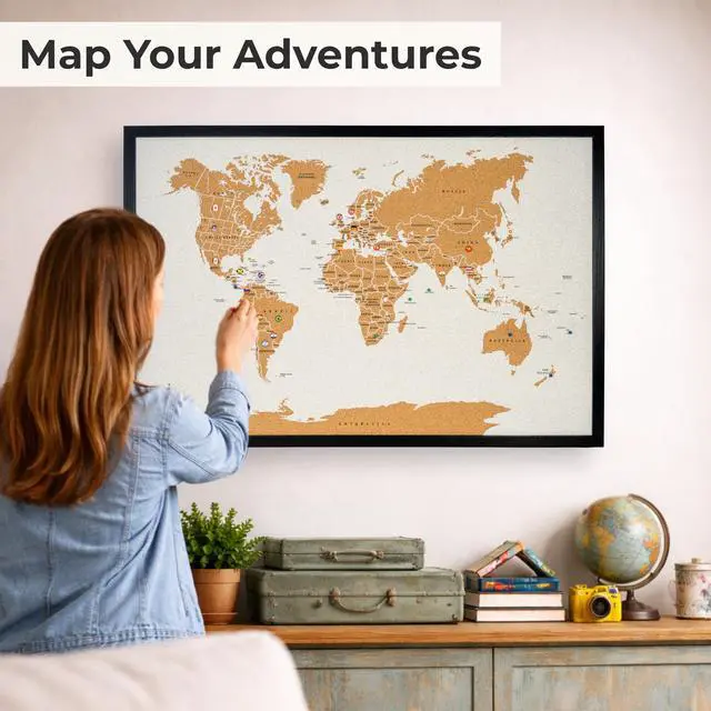 Alt view image 2 of 6 - World Map Pin Board Large 30"x20" Framed | Cork Wall Map with Country Flags, Metallic & Colored Pins | World Travel Map with Pins | Unique Push Pin Map Gift for Travelers, Couples & Families