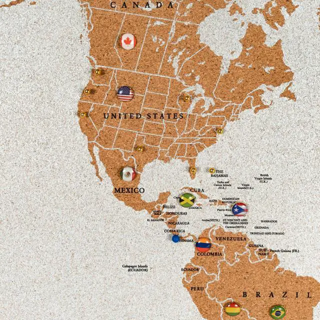 Alt view image 3 of 6 - World Map Pin Board Large 30"x20" Framed | Cork Wall Map with Country Flags, Metallic & Colored Pins | World Travel Map with Pins | Unique Push Pin Map Gift for Travelers, Couples & Families