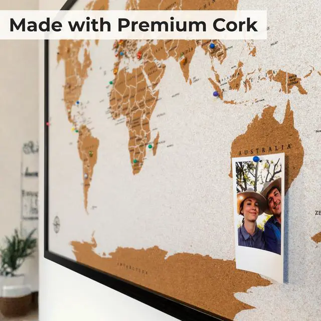 Alt view image 4 of 6 - World Map Pin Board Large 30"x20" Framed | Cork Wall Map with Country Flags, Metallic & Colored Pins | World Travel Map with Pins | Unique Push Pin Map Gift for Travelers, Couples & Families