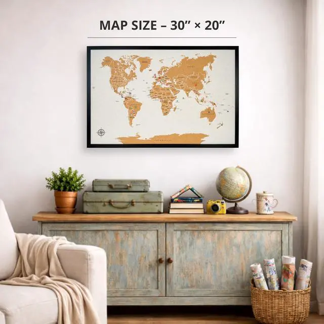 Alt view image 6 of 6 - World Map Pin Board Large 30"x20" Framed | Cork Wall Map with Country Flags, Metallic & Colored Pins | World Travel Map with Pins | Unique Push Pin Map Gift for Travelers, Couples & Families