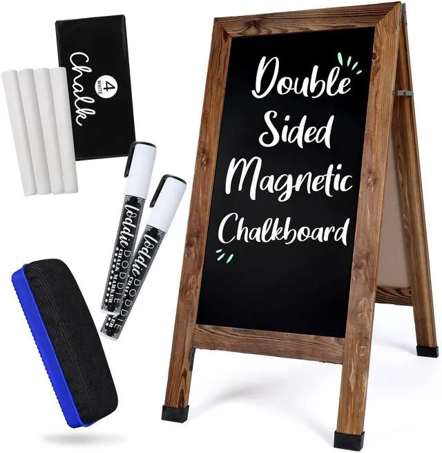 Main image of Magnetic Chalkboard Sign, Sandwich Board, Brown, 40 x 20 in | 4 Chalk Sticks, 2 Markers & Eraser, Locking Hinges, Slip Resistant Feet, Sidewalk Sign, Sandwich Board Sign, Menu Board