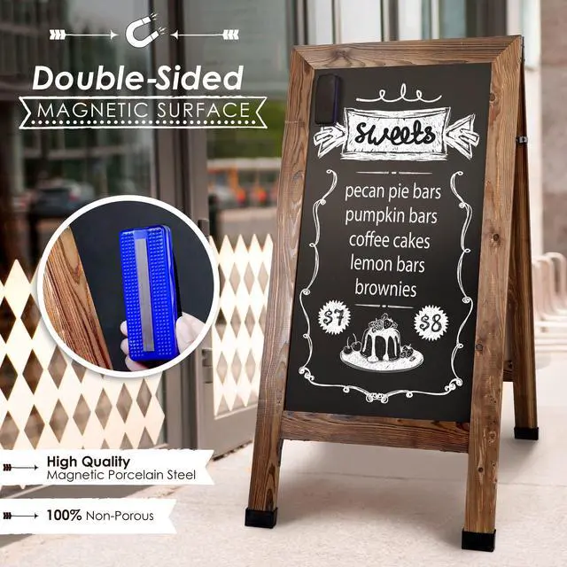 Alt view image 2 of 6 - Magnetic Chalkboard Sign, Sandwich Board, Brown, 40 x 20 in | 4 Chalk Sticks, 2 Markers & Eraser, Locking Hinges, Slip Resistant Feet, Sidewalk Sign, Sandwich Board Sign, Menu Board