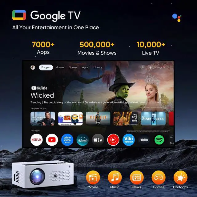 Alt view image 3 of 6 - Smart Projector with Google TV System, Native 1080P 4K Support Home Theater Movie Projector, with Built-in Speaker, WiFi and Bluetooth, Compatible with Phone/TV Stick/PC/PS5, Indoor Outdoor Use