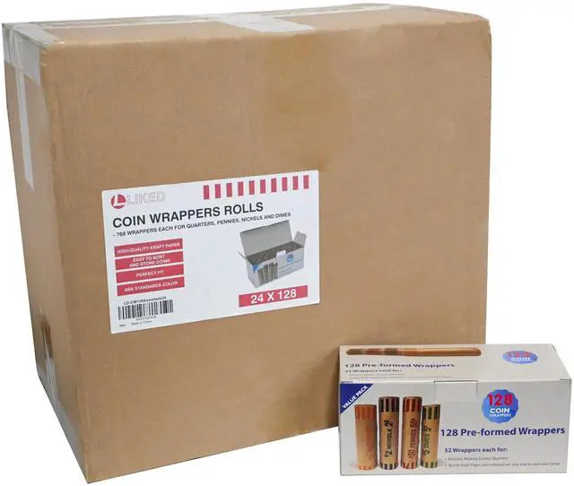 Main image of 3072 Pcs Preformed Coin Roll Wrappers - Quarters, Pennies, Nickels and Dimes (Pack 24x128)