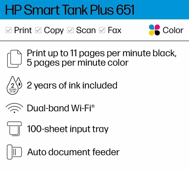 Alt view image 2 of 6 - Smart Tank Plus 651 Wireless All-in-One Printer, Ink Tank Printer-for-Home Use, 2 Years of Ink Included Auto Document Feeder, Mobile Print, Scan, Copy, Fax. (7XV38A)