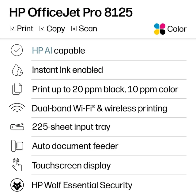 Alt view image 2 of 6 - OfficeJet Pro 8125 Wireless All-in-One Color Inkjet Printer, Print, Scan, Copy, ADF, Duplex Printing Best-for-Home Office, 3 Month Trial of Instant Ink Included, AI-Capable (C2VJ4A)