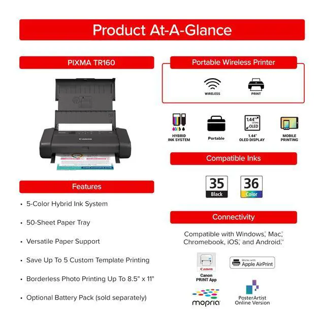 Alt view image 3 of 6 - PIXMA TR160 Wireless Portable Lightweight Compact Printer, 50-Sheet Paper Tray and 1.44" Display - Print On-The-Go