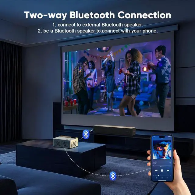 Alt view image 3 of 6 - 1080P Full HD Portable Mini Projector, Bluetooth Movie Projector, Compatible with TV Stick/Smartphone/PC/Game Console/HDMI/USB, Indoor & Outdoor Use, with Projector Screen
