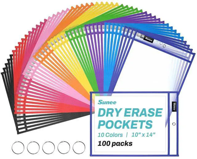 Main image of 100 Packs Oversized Reusable Dry Erase Pocket Sleeves with 5 Rings, 10 Assorted Colors 10x14 Ticket Holders, Clear Plastic Sheet Protectors, Teacher School Classroom Supplies