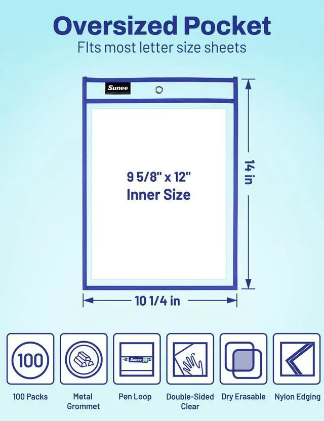 Alt view image 2 of 6 - 100 Packs Oversized Reusable Dry Erase Pocket Sleeves with 5 Rings, 10 Assorted Colors 10x14 Ticket Holders, Clear Plastic Sheet Protectors, Teacher School Classroom Supplies