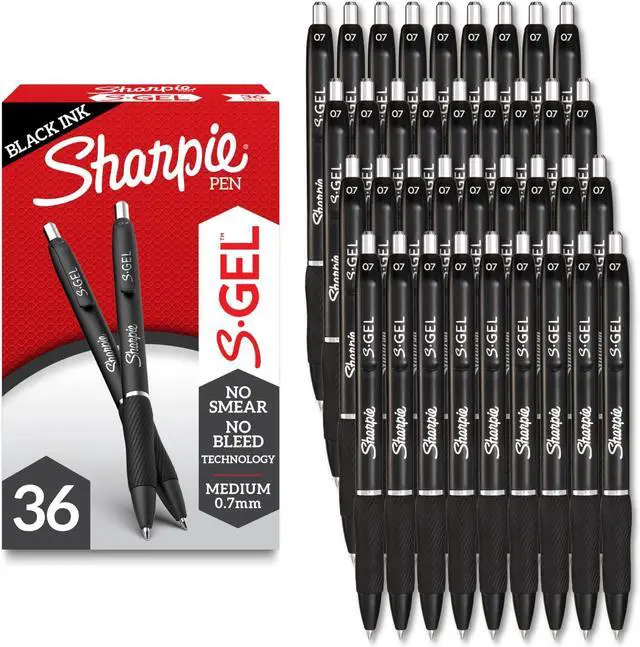 Main image of S-Gel Pens Black Medium Point 0.7mm | No Smear No Bleed | Contoured Rubber Grip | For Office | 36 Count, Pack of 6
