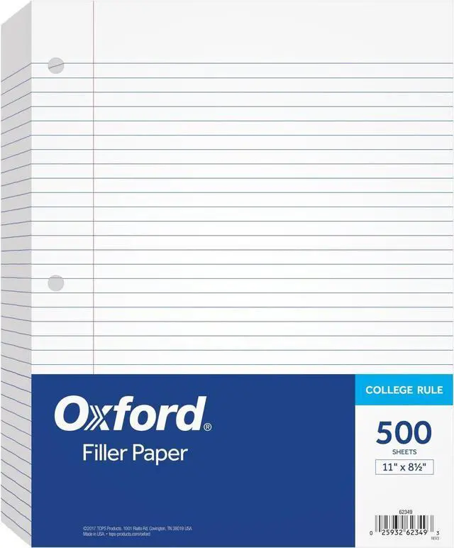 Main image of Loose Leaf Paper,500 Sheets,College Rule Filler Notebook Paper,8-1/2" x 11",3-Hole Punched Fits 3-Ring Binders (62349),(Pack of 10)