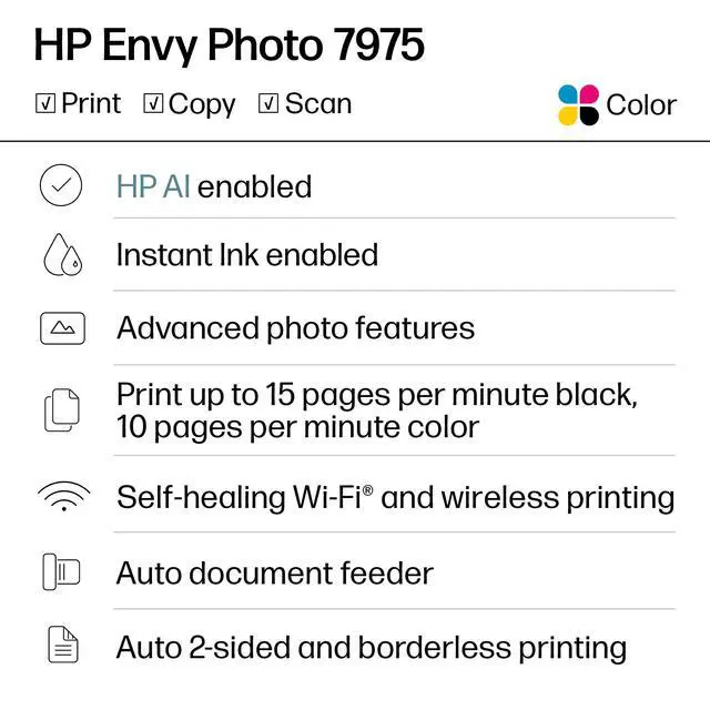Alt view image 2 of 6 - Envy Photo 7975 Wireless Color Inkjet Photo Printer, Print, scan, Copy, Easy Setup, Mobile Printing, Best-for-Home, 3 Month Instant Ink Trial Included, AI-Enabled (B63K3A)