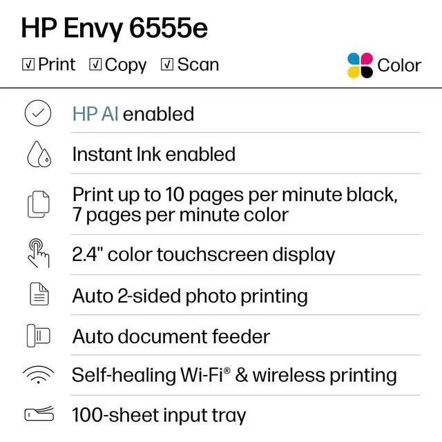 Alt view image 2 of 6 - Envy 6555e Wireless All-in-One Color Inkjet Printer, Portobello, Print, scan, Copy, Duplex Printing Best-for-Home, 3 Month Instant Ink Trial Included, AI-Enabled (714N5A)
