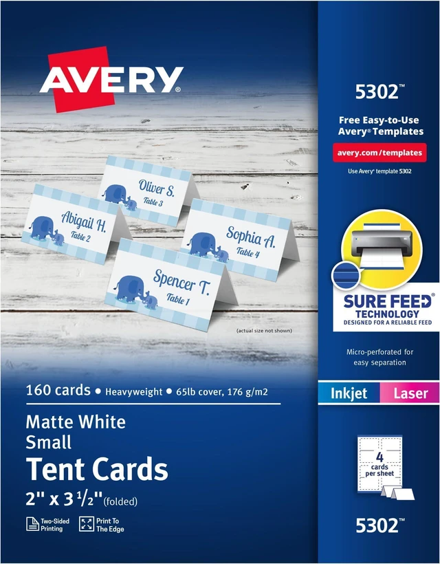 Main image of Printable Tent Cards with Sure Feed Technology,2" x 3.5",White,160 Blank Place Cards for Laser or Inkjet Printers (5302),(Pack of 5)