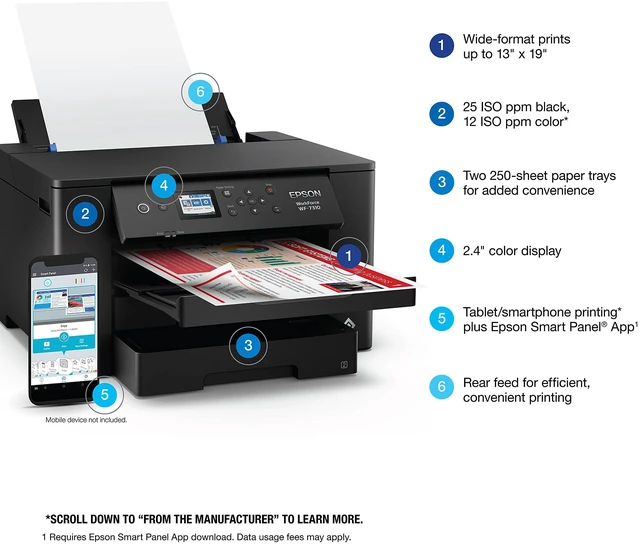 Alt view image 4 of 6 - Workforce Pro WF-7310 Wireless Wide-Format Printer with Print up to 13" x 19" Auto Double-Sided Printing max 11" x 17", 500-sheet Capacity, 2.4" Color Display, Smart Panel App - Black
