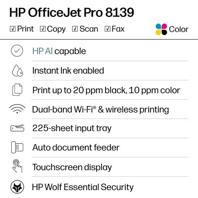 Alt view image 2 of 6 - OfficeJet Pro 8139 Wireless All-in-One Color Inkjet Printer, Print, Scan, Copy, Fax, ADF, Duplex Printing Best-for-Home-Office, 1 Year Trial of Instant Ink Included, AI-Capable (C2VK3A)