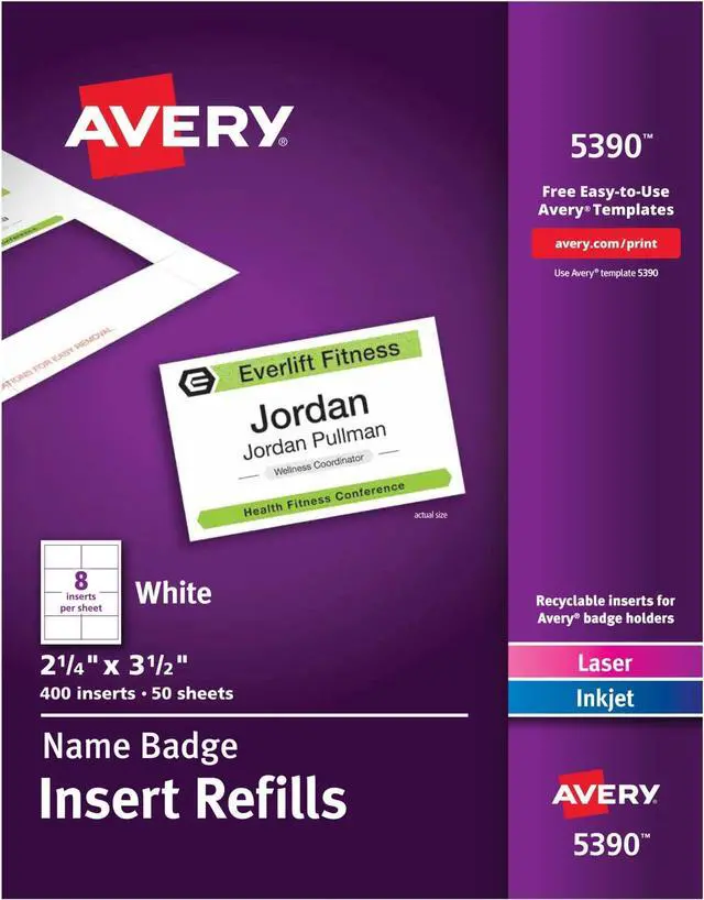 Main image of Customizable Name Badge Inserts, 2.25" x 3.5", White, 400 Printable Name Tag Inserts (5390) (Pack of 5)