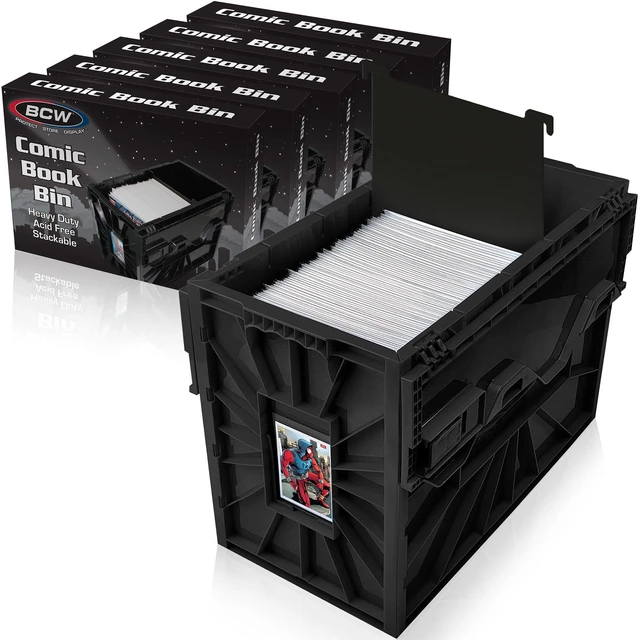 Main image of Short Comic Book Bin | Holds 150 Comics | Stackable Plastic Storage | Acid-Free Organizer | Black, 5 Pack
