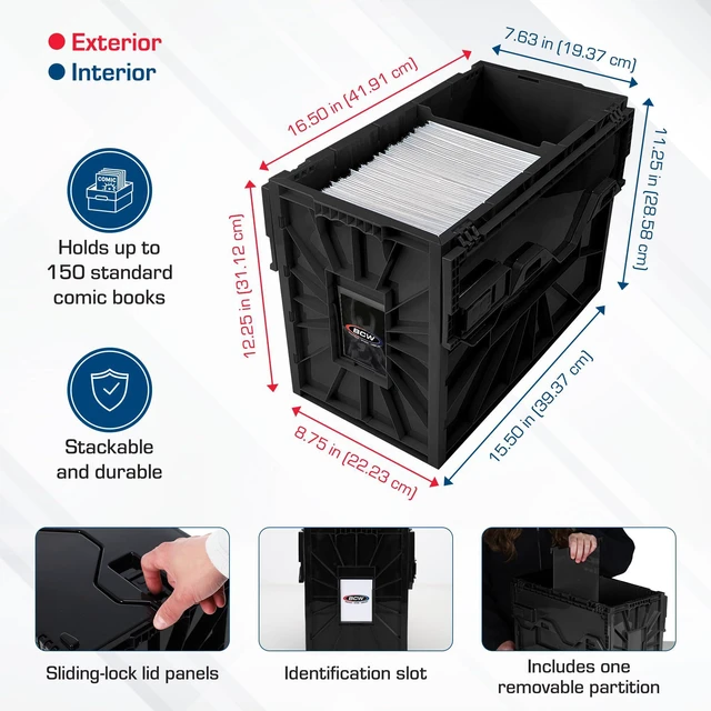 Alt view image 5 of 6 - Short Comic Book Bin | Holds 150 Comics | Stackable Plastic Storage | Acid-Free Organizer | Black, 5 Pack