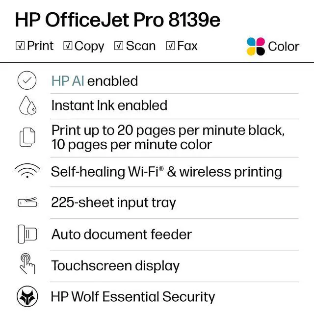 Alt view image 2 of 6 - OfficeJet Pro 8139e Wireless All-in-One Color Inkjet Printer, Print, scan, Copy, fax, ADF, Duplex Printing Best-for-Home Office, 1 Year Instant Ink Trial Included, AI-Enabled (40Q51A)