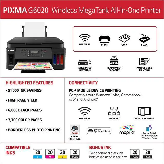 Alt view image 6 of 6 - PIXMA G6020 All-in-One Supertank Wireless (Megatank) Printer, Copier and Scan with Mobile Printing, Black, Works with Alexa | Refillable Gi-20 Ink, Up to 6, 000 B and W or 7, 700 Color Pages, 250-Shee