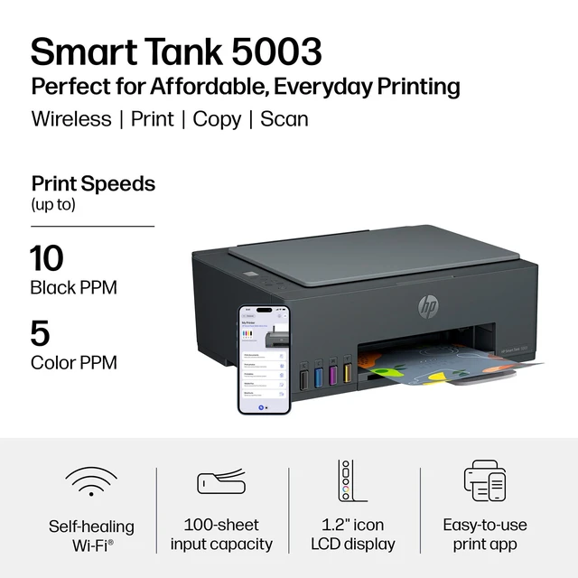 Alt view image 3 of 6 - Smart Tank 5003 Wireless All-in-One Ink Tank Printer, Scanner, Copier with up to 3 Years of Ink Included, Best-for-Home, Cartridge-Free Refillable, AI-Capable (D06BKA)