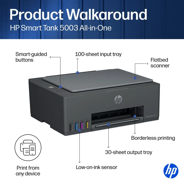 Alt view image 4 of 6 - Smart Tank 5003 Wireless All-in-One Ink Tank Printer, Scanner, Copier with up to 3 Years of Ink Included, Best-for-Home, Cartridge-Free Refillable, AI-Capable (D06BKA)