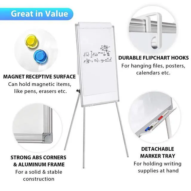 Alt view image 4 of 6 - Easel Whiteboard 40 x 28 in, Stand Tripod with Height Adjustable | Magnetic Dry Erase Surface, Flipchart Stand, Portable Tripod Easel for Office, Teaching, Home and Classroom